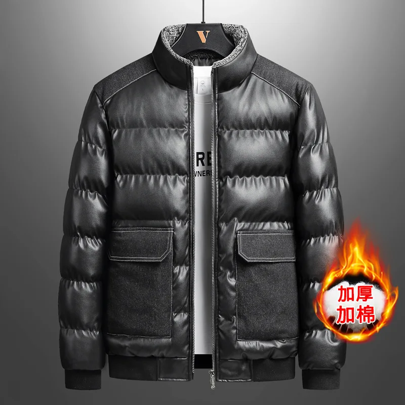 

Men's Winter Bright Cotton-padded Jacket Stand-up Collar PU Large Pockets Casual Coat Waterproof Easy To Clean Thickened Jackets
