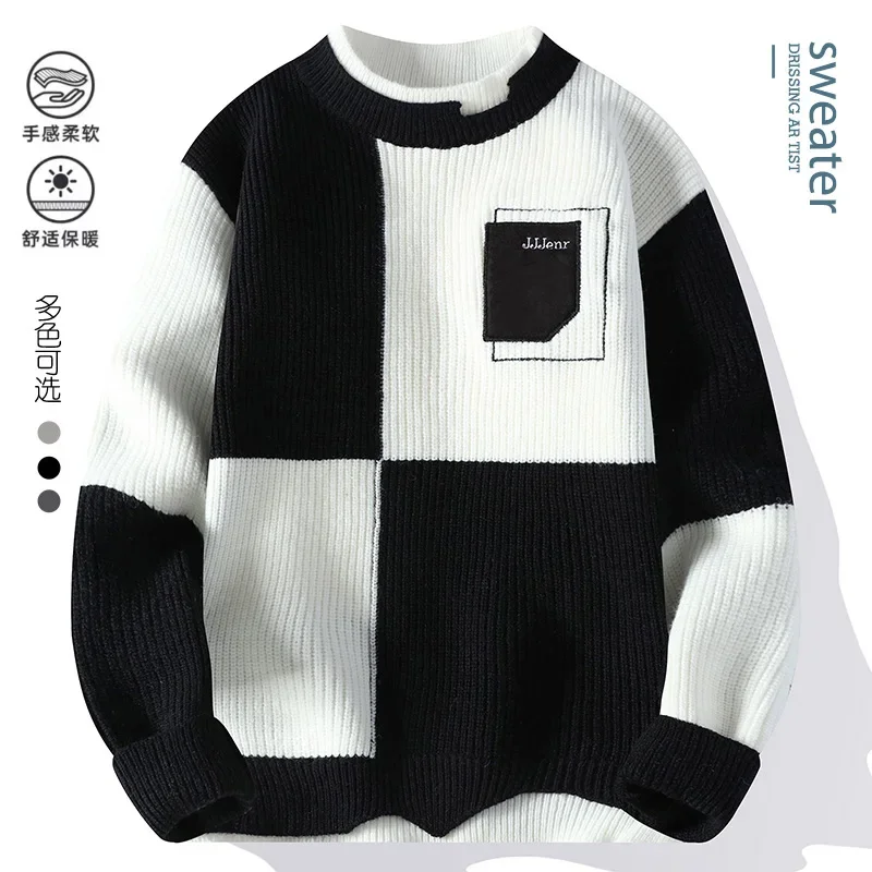 

2024 Men's Fashion Casual Sweaters Knittwear Autumn/Winter Men Grid pattern sweater youth Thick Warm wool pullovers M-4XL