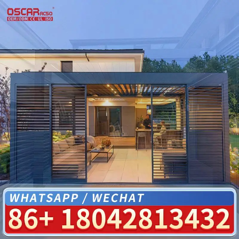 

5x3 электродвигатель с плоской крышей, регулируемая жалюзи, водонепроницаемая алюминиевая садовая беседка с порошковым покрытием для заднего двора, патио, балкона