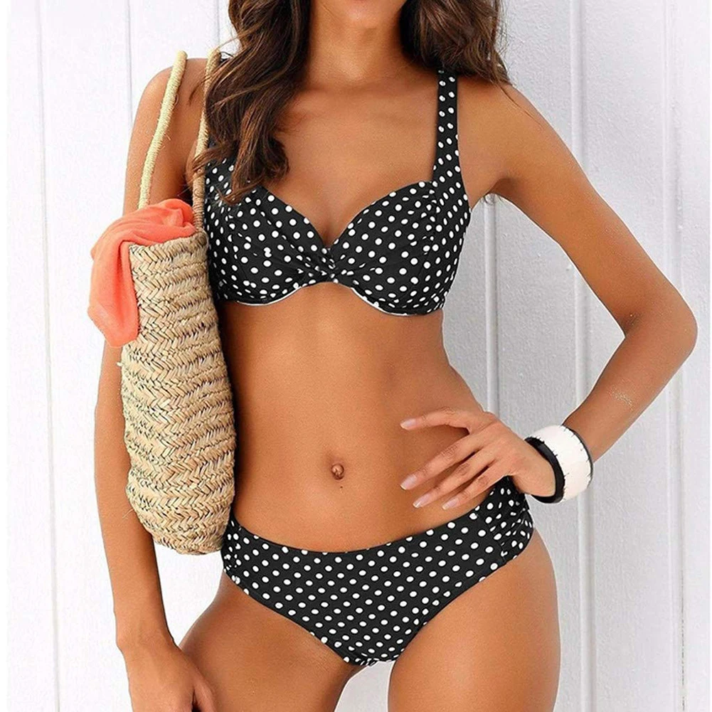Retro Polka Dot Printed Two Piece Swimsuit Women Split Bathing Suit With Swim Trunks For Beach Holiday Vacation Swimwear