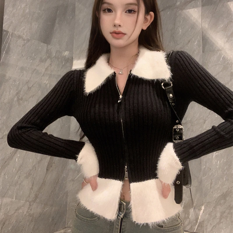 Autumn Christmas Women Fur Collar Contrast Color Long Sleeve Zipper Slim Knitted Cardigan