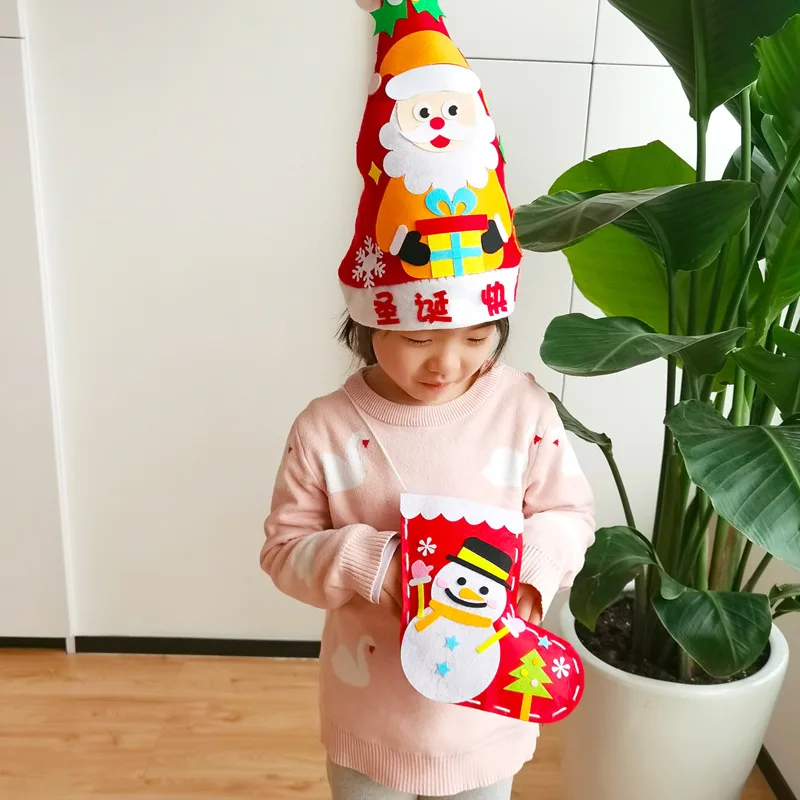 1PC Kids DIY Handmade Christmas Hat Craft Kit Kindergarten Creative Non-woven Toys Cartoon Arts Hats Xmas Gift for Kids Adults