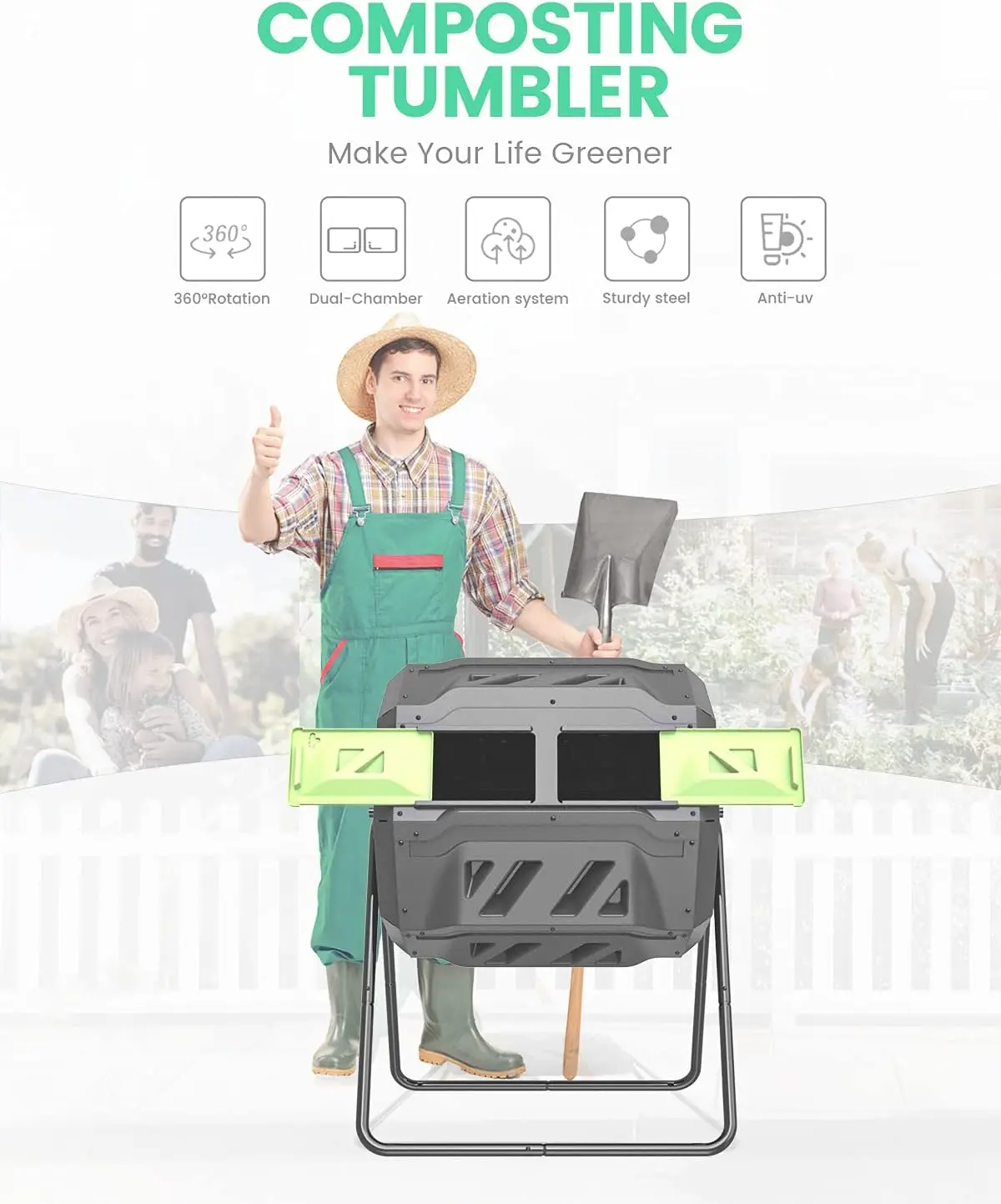 صندوق سماد الحديقة من مادة خالية من مادة BPA، أكواب سماد خارجية دوارة مزدوجة (43 جالون، أخضر) مبيعات المصنع مباشرة #1