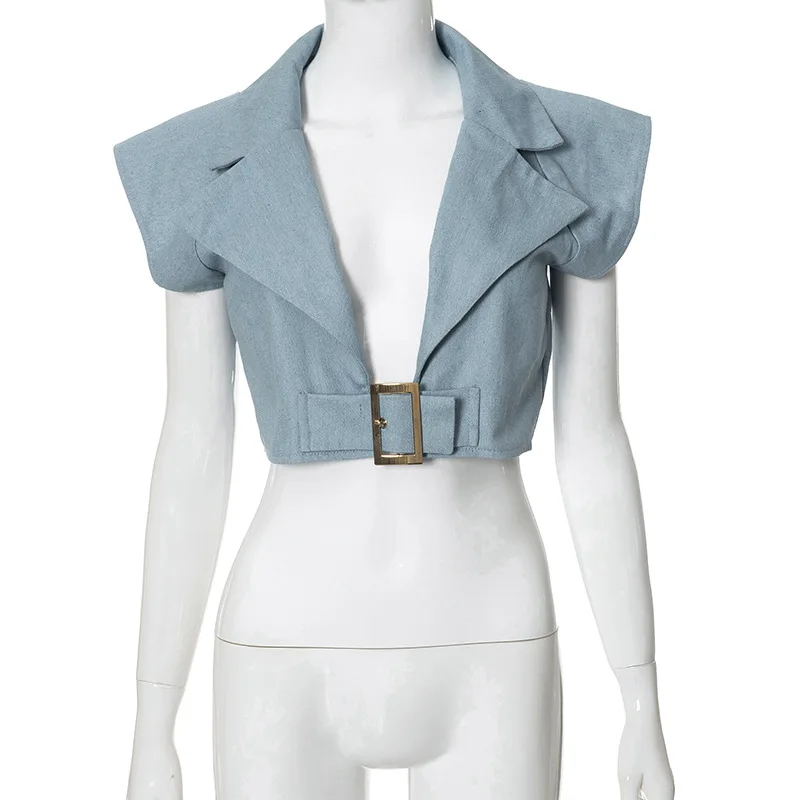 

T Shirt Solid Color Denim Inspired Fashionable and Personalized Jacket with Sleeveless Lapel Top