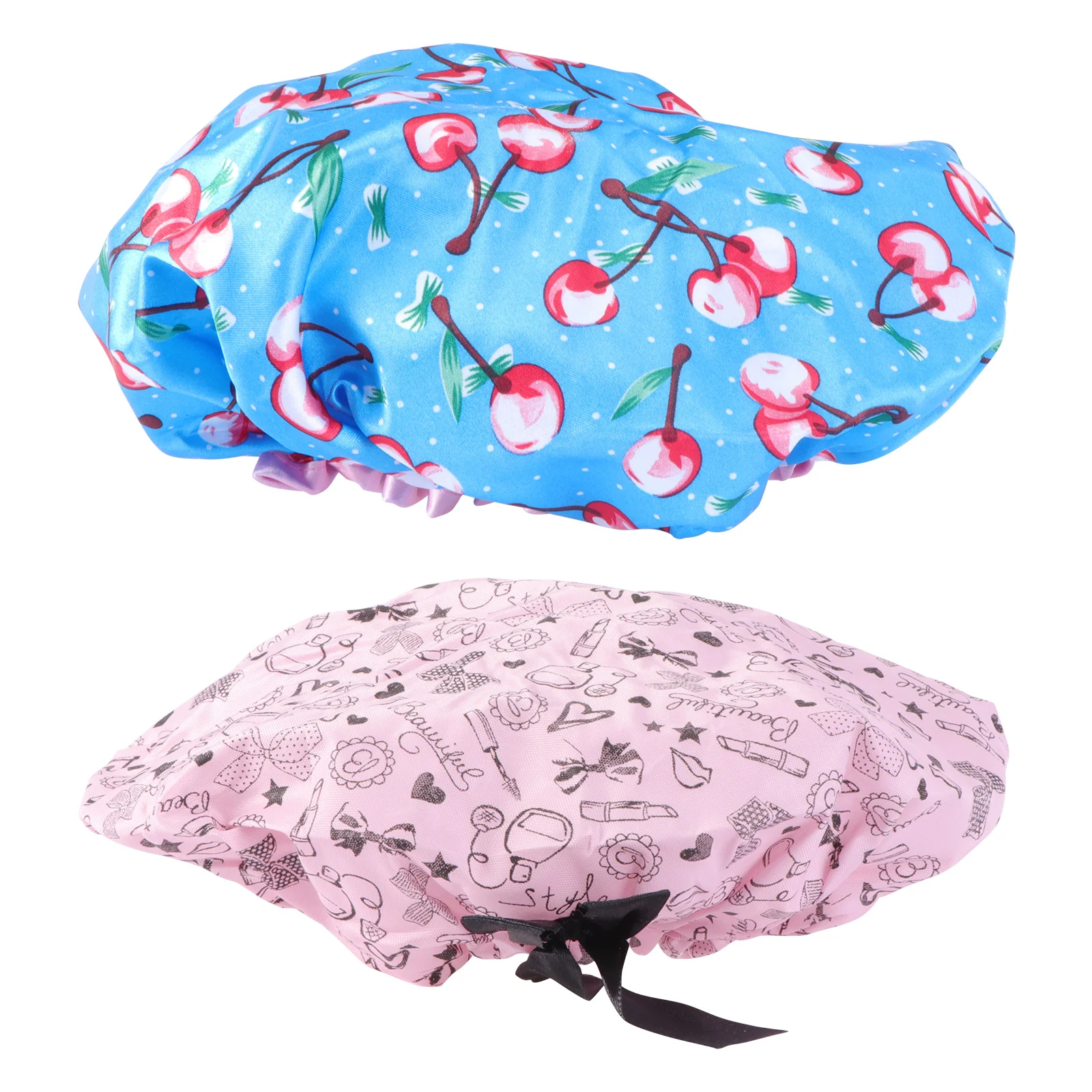 

2pcs Waterproof Shower Hat Double Layer Printed Washable Bath Cap For Women Girls Soft Foldable Travel Hair Cover Reusable Spa
