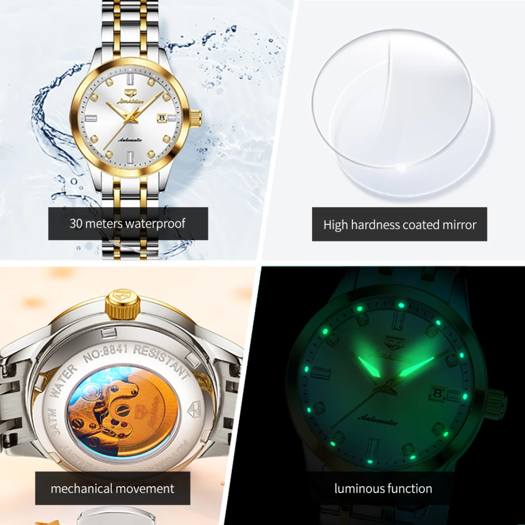 JSDUN 8841 Reloj mecánico de moda regalo esfera redonda correa de reloj de pulsera de acero inoxidable calendario