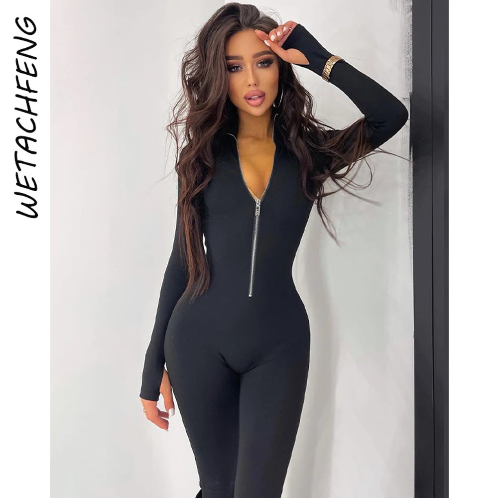 Black white Bodycon Jumpsuit Women‘s’ Sportswear Rompers 2020 Spring Summer Fitness Long Sleeve Zipper Elastic Bodysuit Clothes