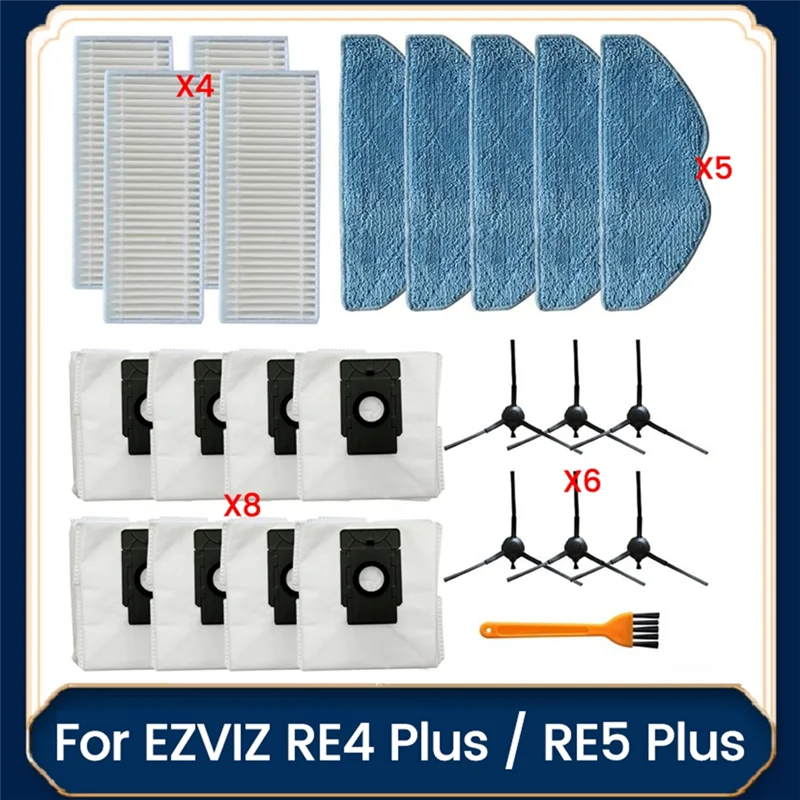 【Berserk】 Kit di accessori da 24 pezzi per EZVIZ RE4 Plus / RE5 Plus Parti per aspirapolvere Spazzola laterale Filtro Sacchetti per la polvere Panni per mop