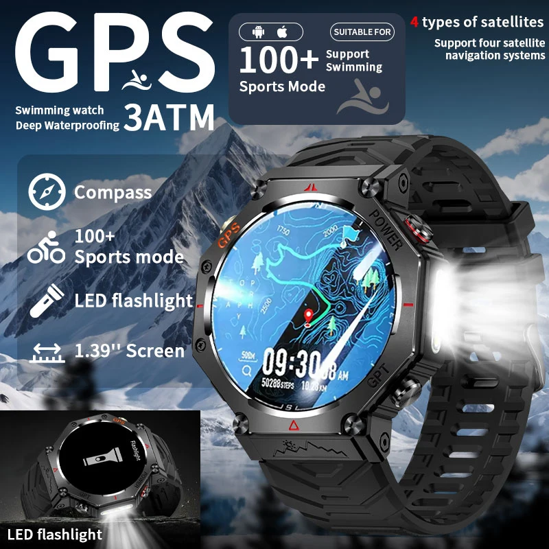 

Смарт-часы военного класса с GPS, мужские часы с искусственным интеллектом, голосовой помощник GPT, Bluetooth-вызов, умные часы со светодиодным фонариком, 100 + спортивные часы для фитнеса