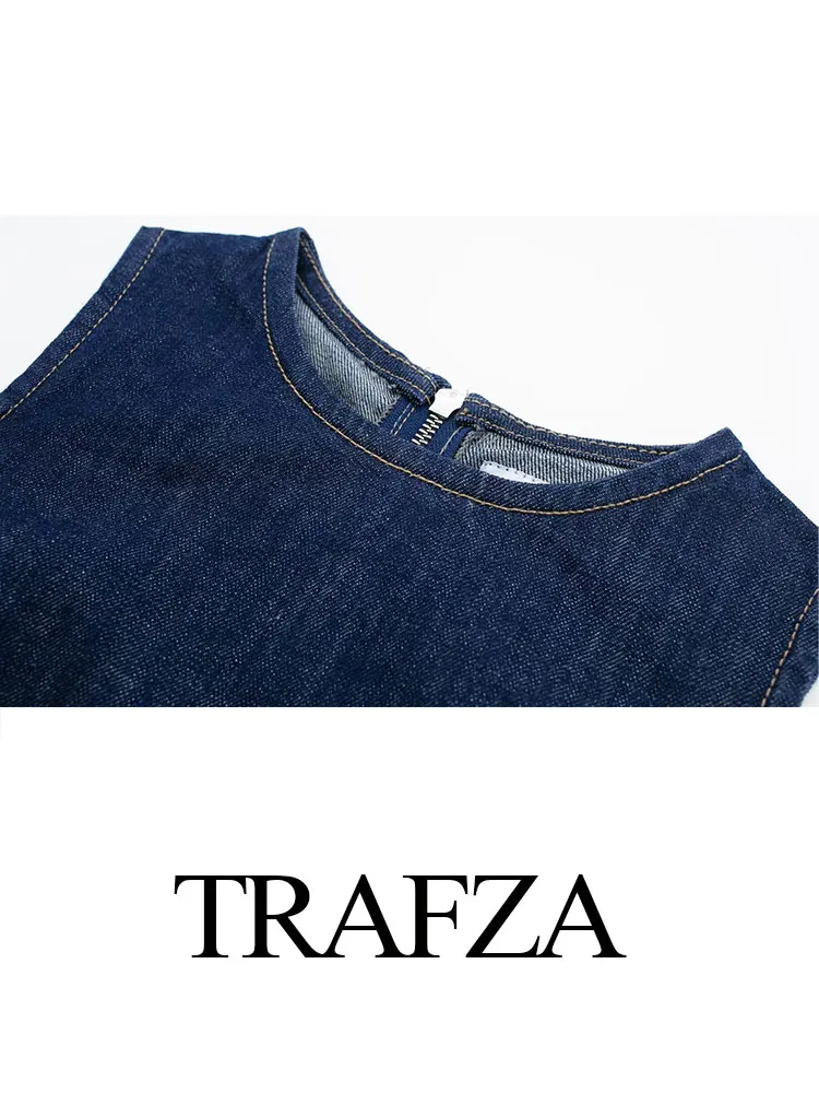 Imagem -02 - Conjunto Jeans para Mulheres Fenda Lateral Pescoço o Vestido Curto Fêmea Selvagem Comprimento do Joelho Calça de Perna Larga Moda Verão Novo 2023 Trafza2-piece