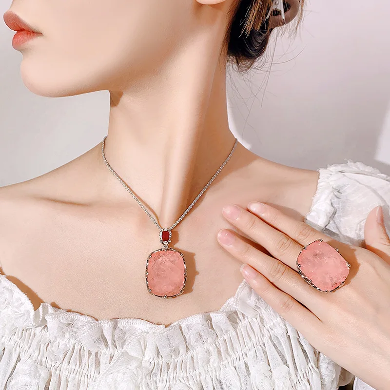 Large Cushion Cut Pink Rose Quartz Pendant Necklace Adjustable Ring Red Ruby Accent Statement Jewelry for Women Party Gift view 2