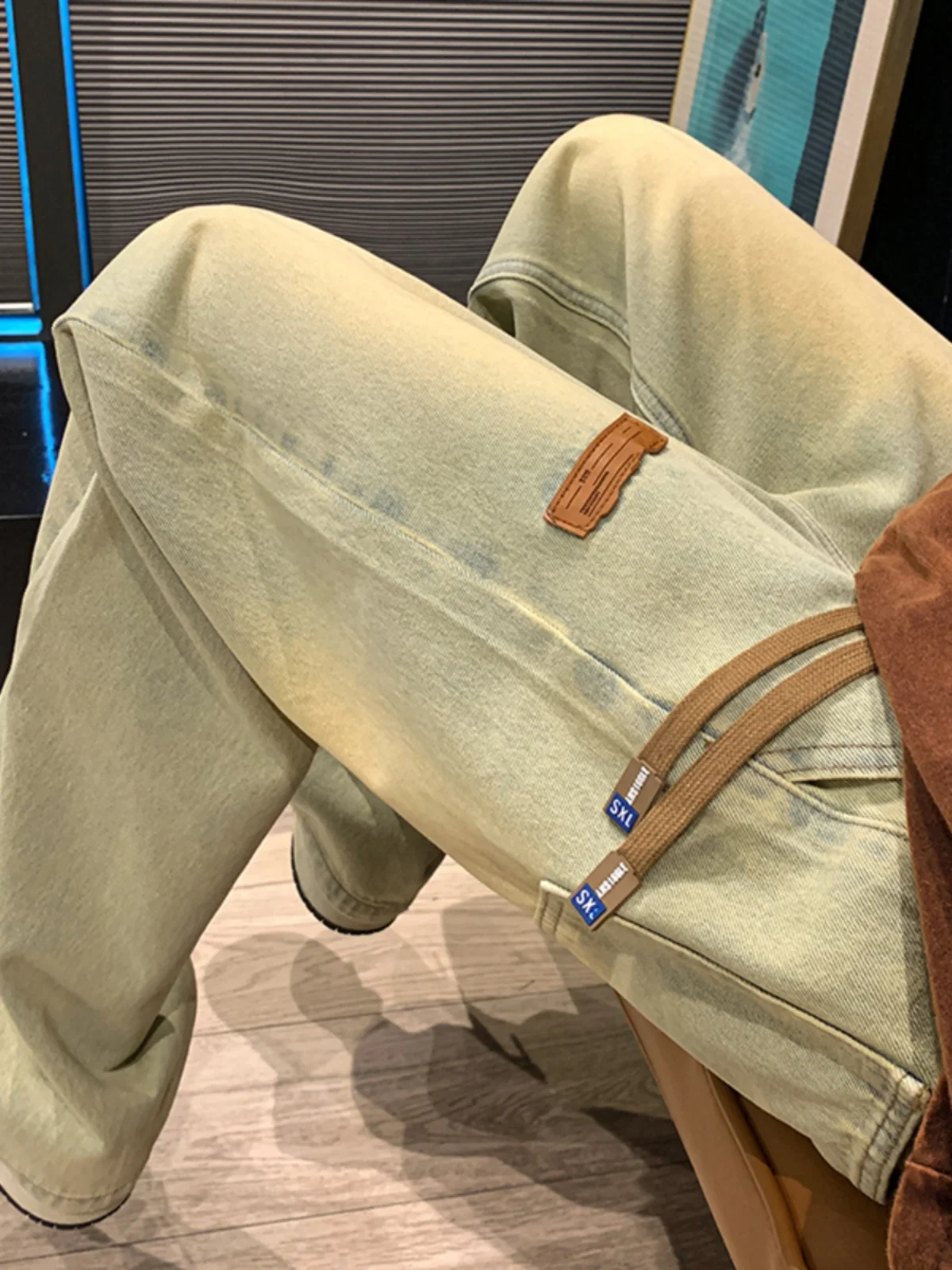 

Мужские повседневные джинсы прямого кроя из желтой глиняной ткани, с эластичным поясом на резинке, молодежный стиль