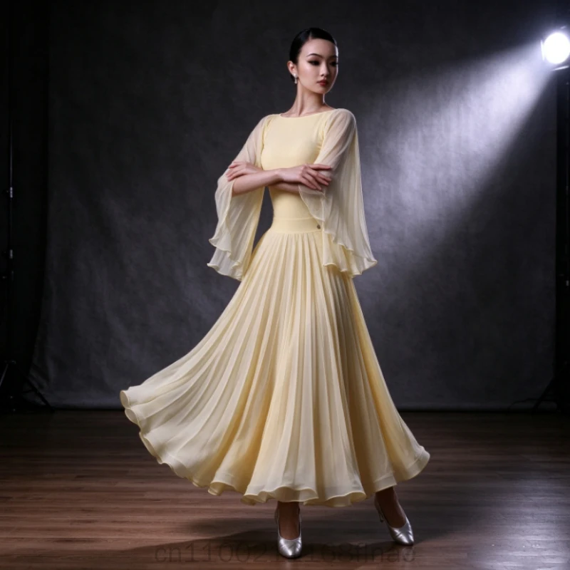 Brand Modern Dance Dress Women's New Style Mesh Pleated Large Swing Skirt Advanced Waltz Social Dance Practice Set