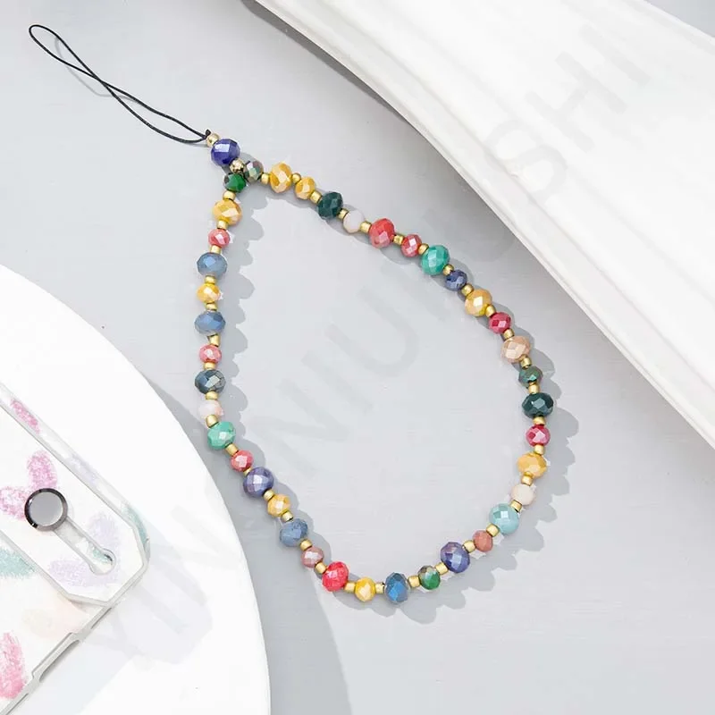 Cordão de corrente de telefone com contas de cristal criativo, joias para mulheres, presente, lindo arco, pingente de franja, antiderrapante, capa de celular, corda