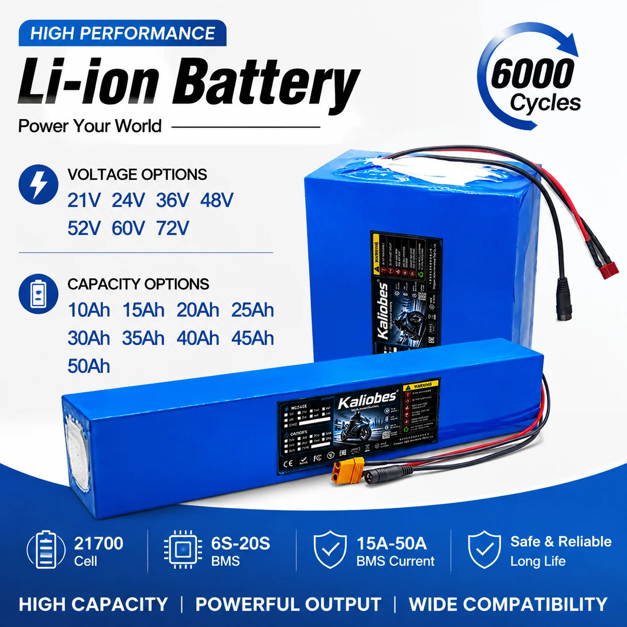 72V 50Ah 21700 Lithium Battery - 21V 24V 36V 48V 60V 72V