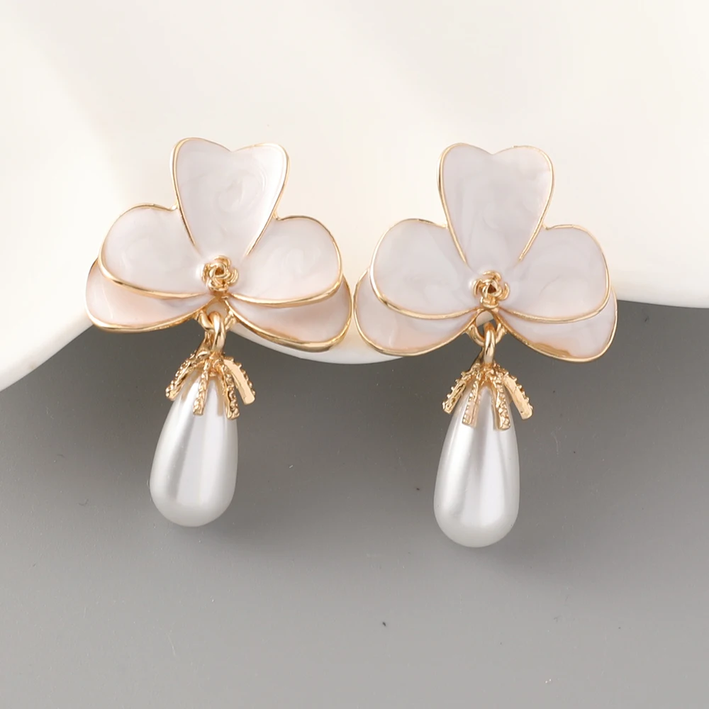 Luxury Enamel Flower Earrings Women's Pearl Ear Drops 5 Colors Wedding Accessories