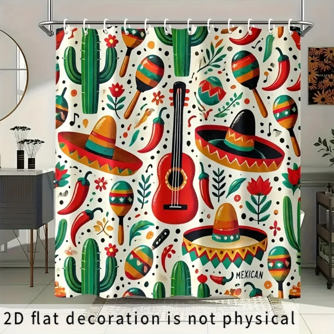 Mexican Fiesta Shower Curtain, Cactus Guitar Sombrero Pattern Waterproof Bath Curtain, Latin Tropical Decor for Bathroom Party