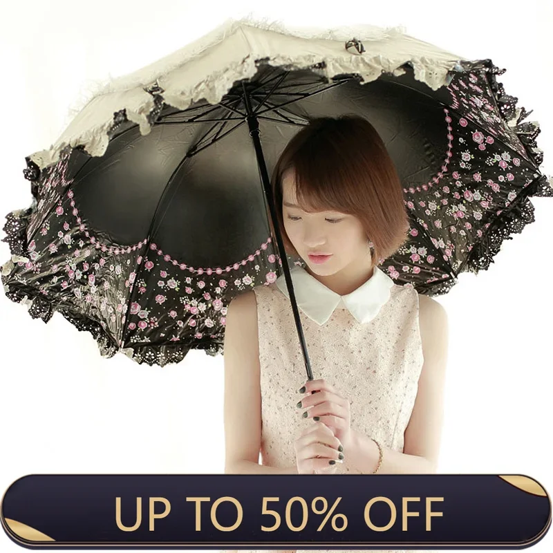 Sun Lace Umbrella Rain Women Sunscreen Korean Three Folding Umbrella UV Clear Princess Windproof Decoration Ombrello Gift SY259