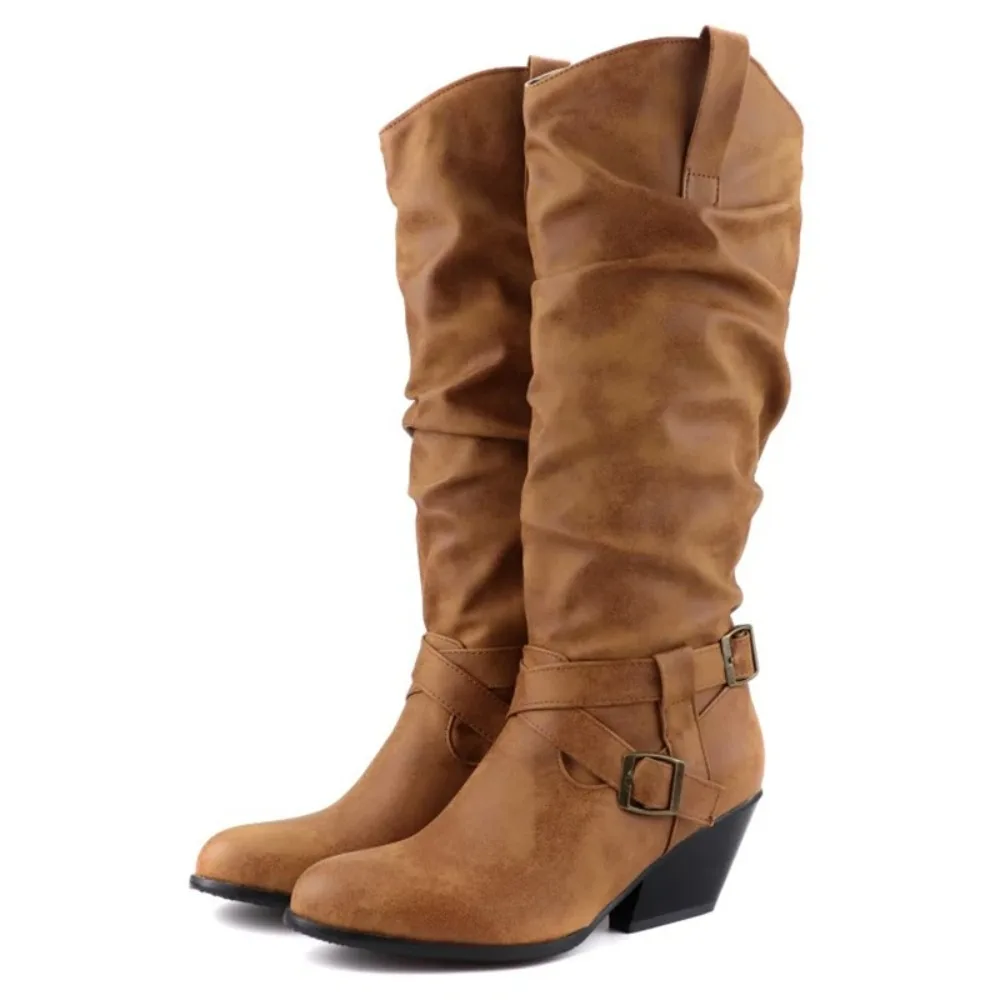 

BLXQPYT Knee High Boots Women Autumn Winter High Heels Fashion Fold Belt Buckle Riding Long Boots Big Size 46 47 48 578-6