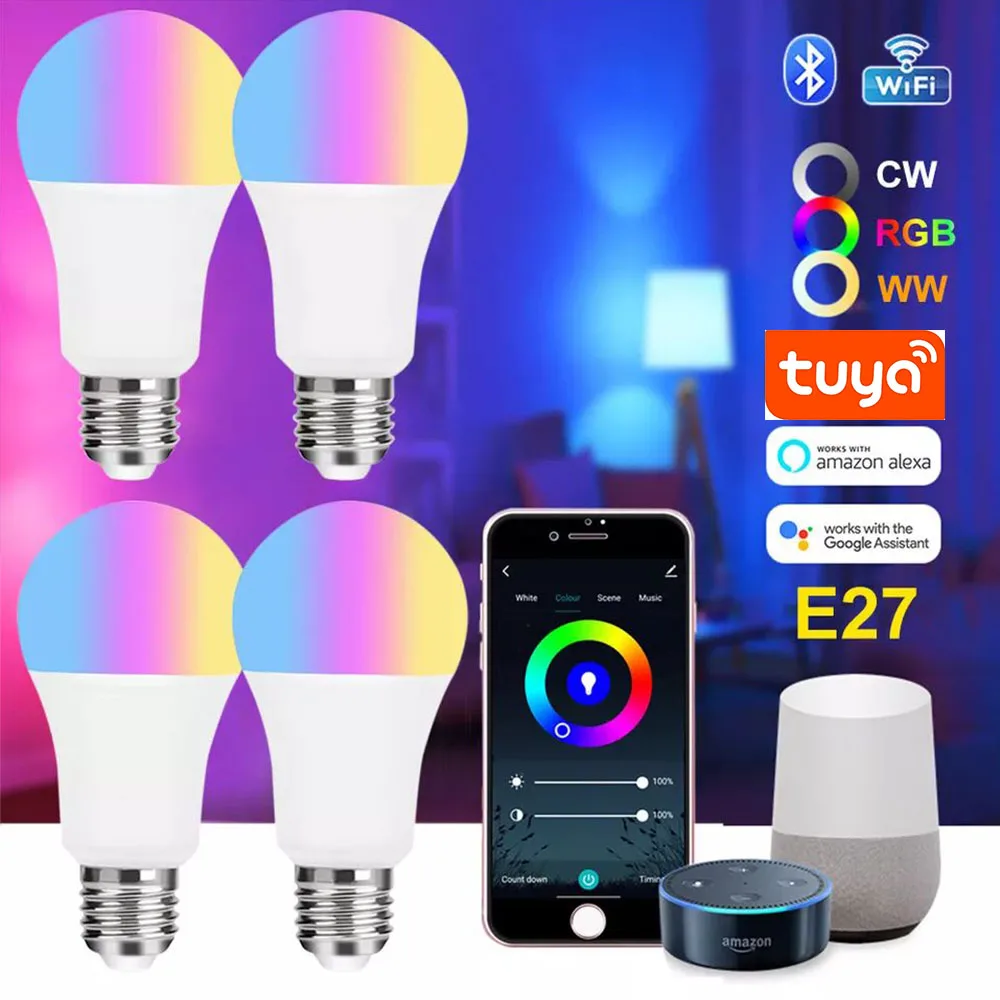 Smart LED Bulb E27 WiFi/Bluetooth RGB Light Bulbs 85V-265V Voice Control Alexa LED Lamp Alice Google Home for Bedroom Room Decor