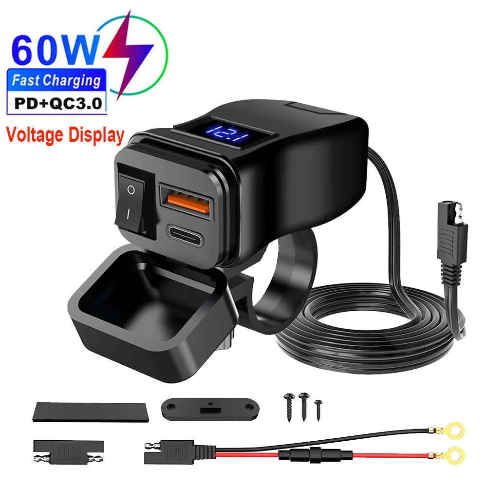 

6.8A PD+QC3.0 Dual USB Socket Motorcycle Phone Charger Handlebar 60W Waterproof 12V Power Supply Adapter with Switch Voltmeter