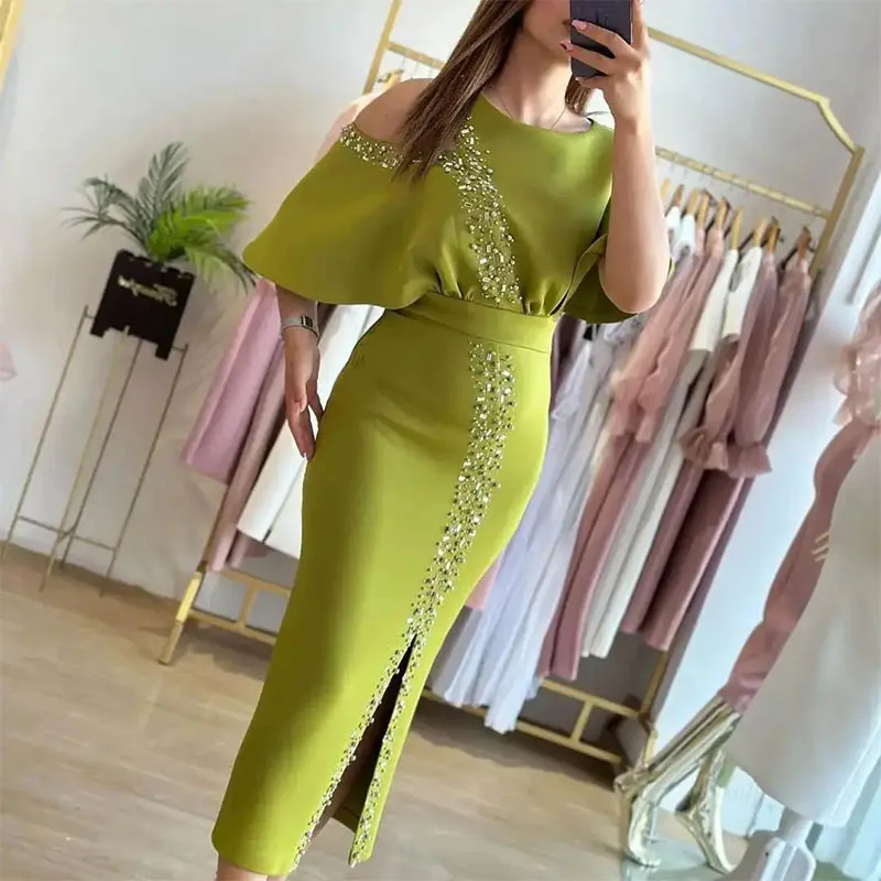 

Customized Elegant Mermaid Prom Dresses for Women O-Neck Beaded Side Slit Cocktail Party Evening Gowns Half Sleeves Dress 2025