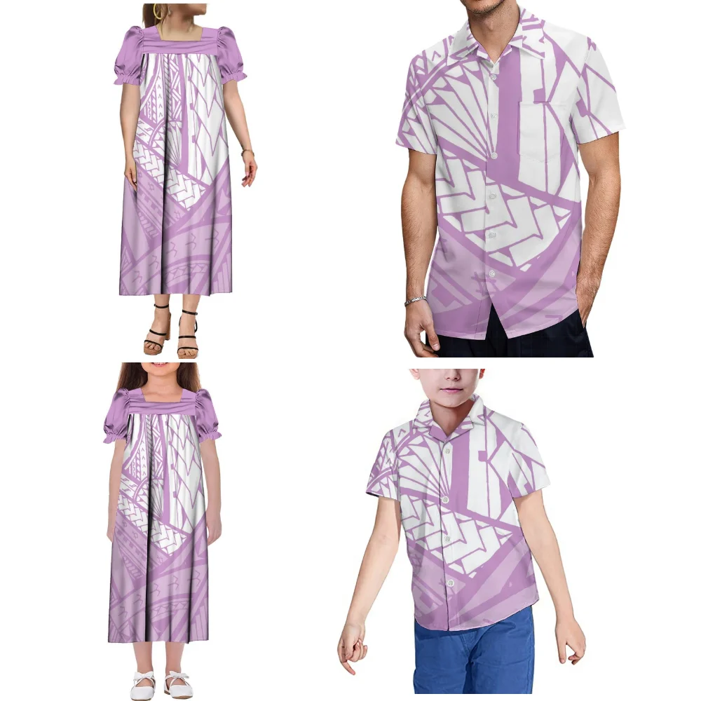 Vestido Polinésio Havaiano Mumu Feminino Solto de Manga Curta, Camisa Aloha Masculina Samoana, Roupas Familiares para Meninas e Meninos