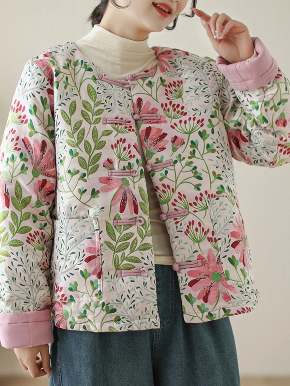 

Утепленная хлопковая куртка для женщин в традиционном китайском стиле, теплая ретро-верхняя одежда с длинными рукавами, круглым вырезом и принтом, в милом стиле