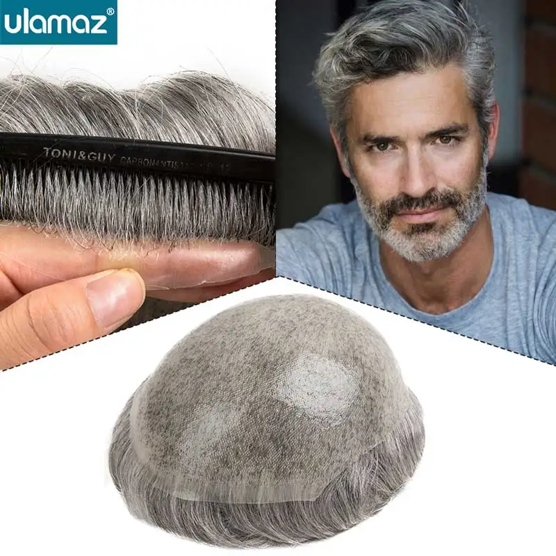 Super Durable Skin Hair Prosthesis Man Human Hair Toupee Wig For Men 0.12mm Poly Pu Male Wig Gray Hair System Natural Hair Wig