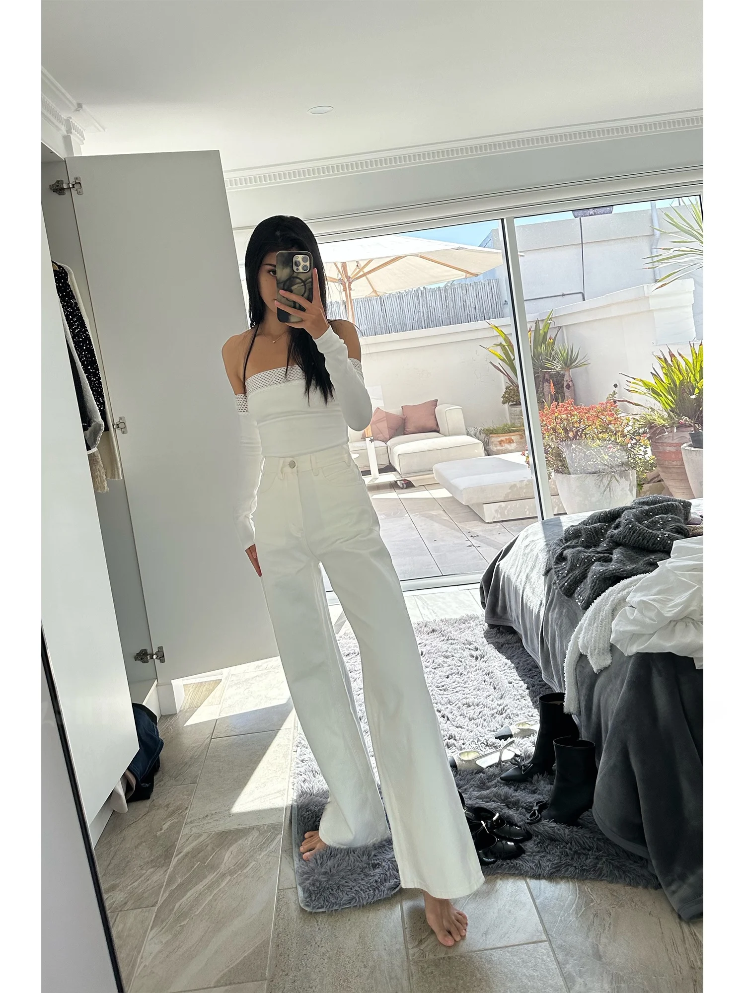 

SNT Retro Faion High Waist Loose Drapey Straight Leg White Wide Leg Jeans Women's Autumn Winter Ele Sle No Stretch