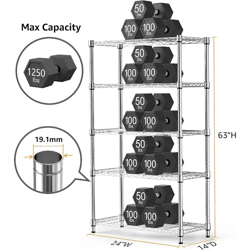 1250 lbs Steel Heavy Duty 5-Tier Utility Shelving Unit Steel Organizer Wire Rack for Home,Kitchen,Office,Chrome