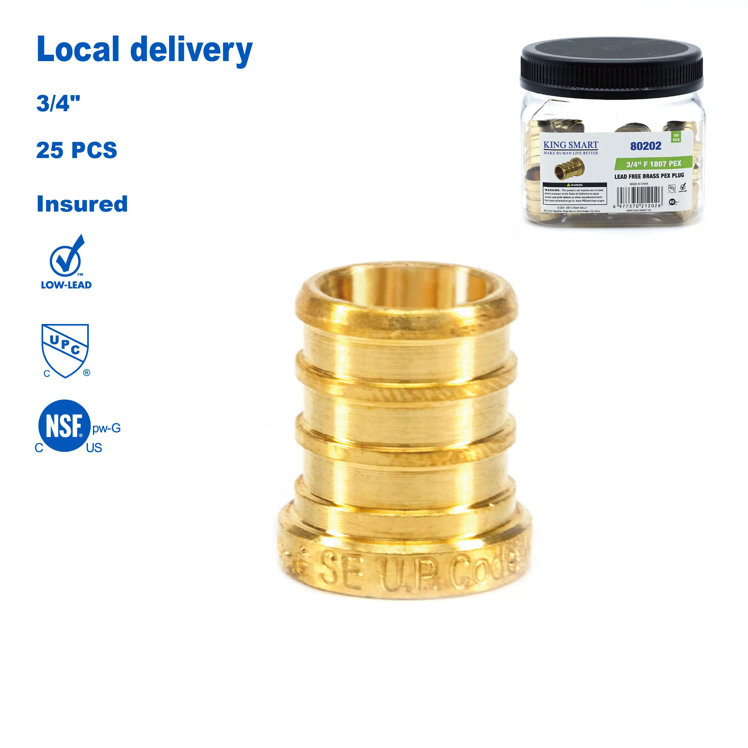 KING SMART  Crimp PEX Plug 3/4; Suitable for PEX B/C, PERT Pipe Installation; Lead Free Brass; 25Pcs/Case; 80202