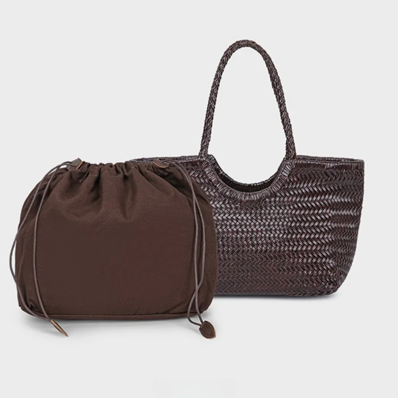 VGOOCI 여성용 빈티지 핸드 니트 디자이너 스플릿 가죽 대형 숄더 백 우아한 핸들 여성 토트 럭셔리 브랜드 핸드백