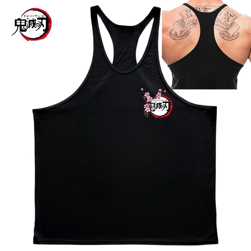 Koszulka bez rękawów Demon Slayer z nadrukiem logo Cherry Blossom - męska kamizelka do kulturystyki, bawełniana i oddychająca, z dekoltem Y-back