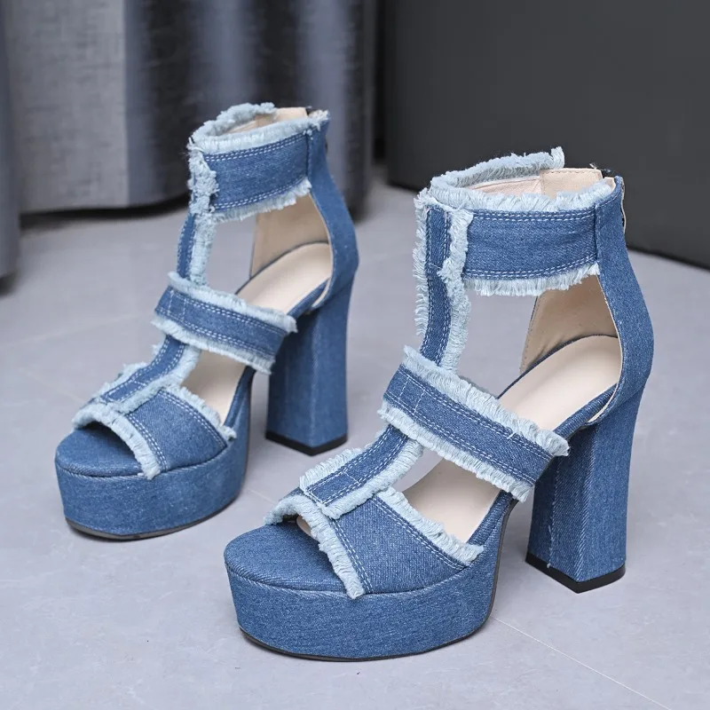 Summer New Chunky Sandals Women Round Head Open Toe Bag with Back Zipper Waterproof Platform Non-slip High Heels