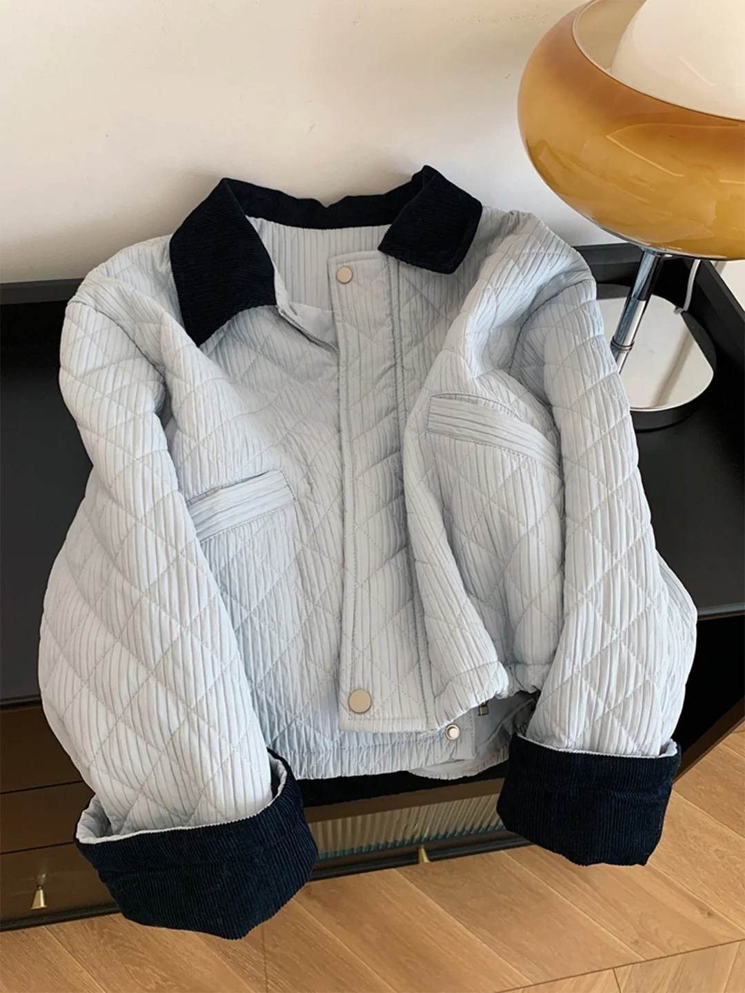 

Korean Gentle Sle Color Blo Collar Loose Lightweight Cotton Jaet Women's Autumn Winter Faionable Airy Diamond Pattern...