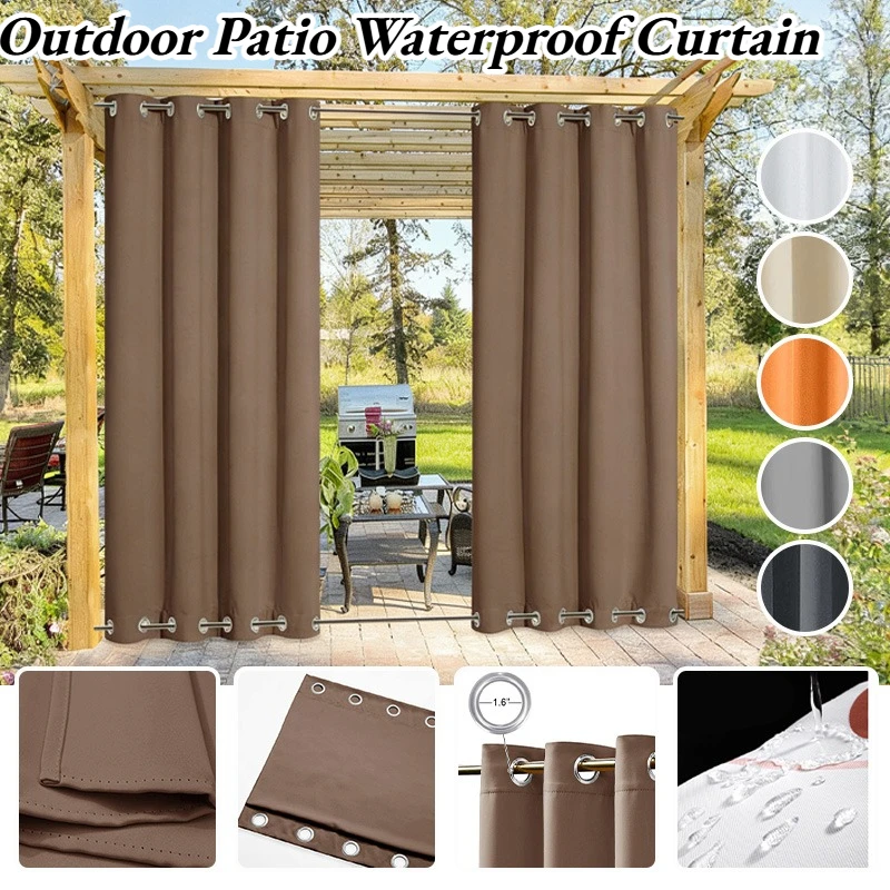 Outdoor Patio Top Bottom Punching Waterproof Curtain Drapes Blackout Thermal Insulated Privacy Curtain for Gazebo Porch Garden