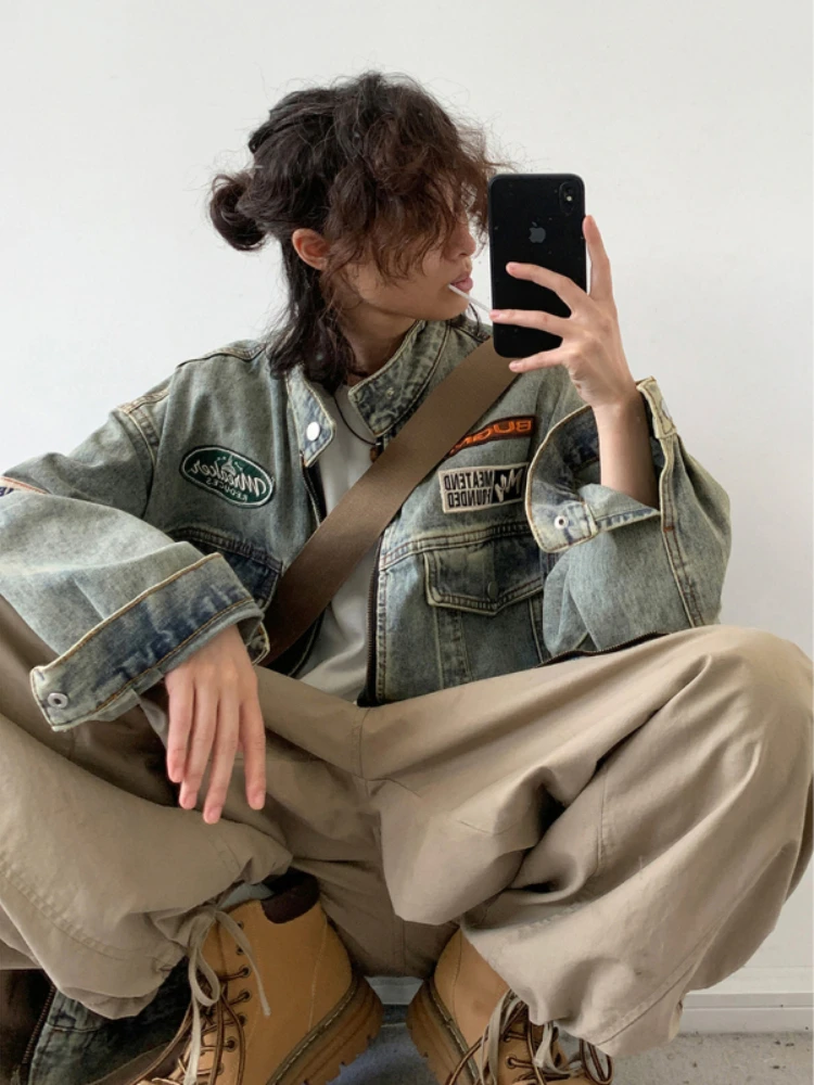 Hip Hop Retro Set Men Women High Street Embroidered Denim Jackets+Autumn Wide-leg Loose Cargo Pants Distressed Casual Two-piece