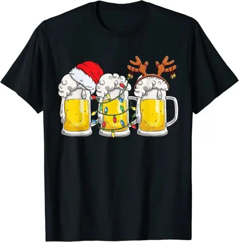 Beer Christmas Mug Santa Reinbeer Xmas Tree Lights Men Women T-Shirt