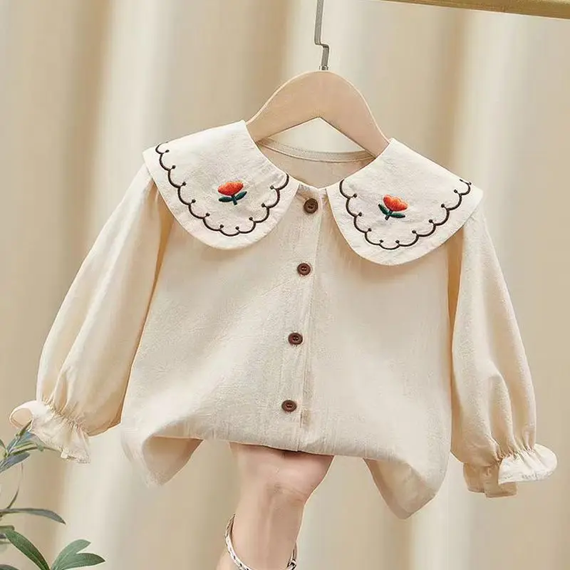 Spring Autumn Girls\' New Collar Cotton Long Sleeved White Shirt Korean Girls\' Children\'s Top