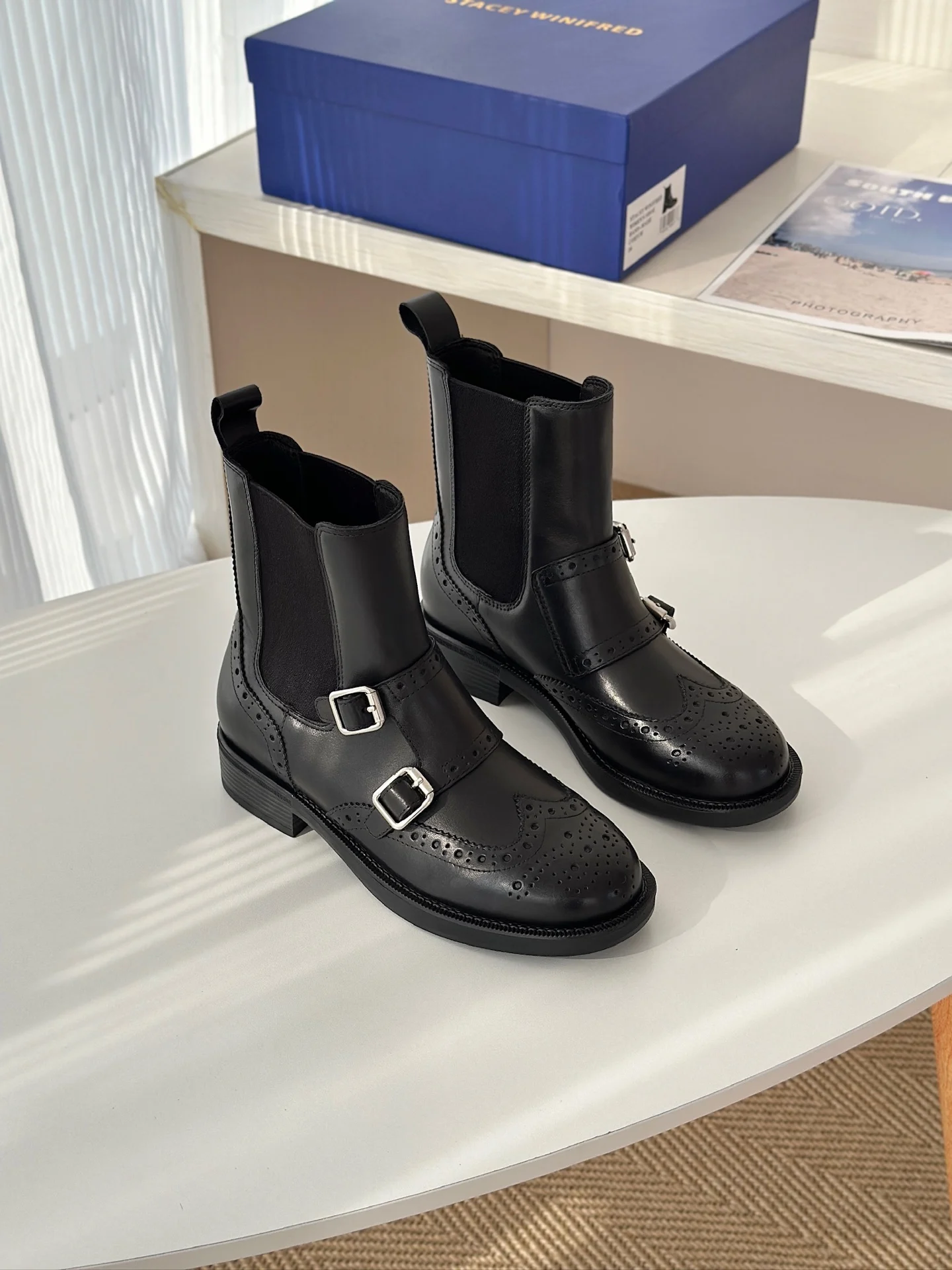 Picture 7: Women Brogue Chelsea Boots Black Genuine Leather Ankle Boots Elastic Side Panels