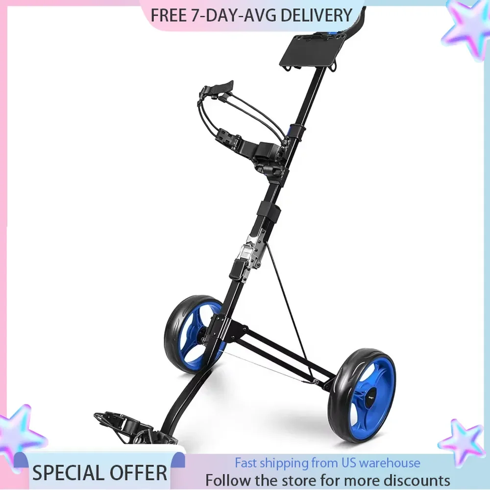 2 Wheel Golf Push Cart - Lightweight Folding Walking Roller,Upper/Lower Bracket W/Elastic Strap, Holder Golf Cart