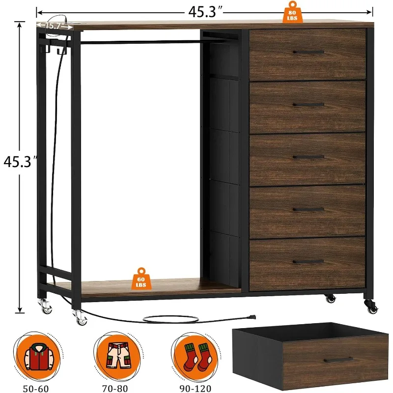 Dresser for Bedroom with Clothes Rack, 5 Drawers Dresser with Charging Station & LED Lights, Storage Chest of Drawers