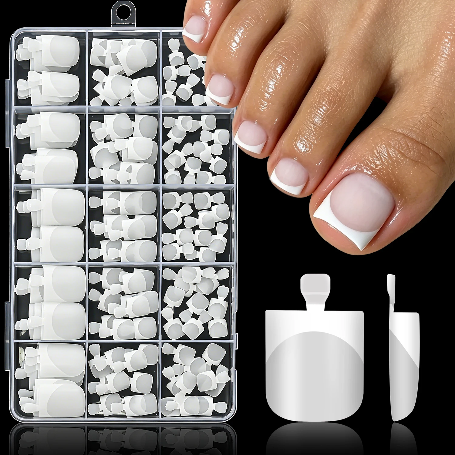 150Pcs Half Transparent Mate French Fake Toenails Short Square White Edges Press On Toe Nails Summer Full Cover False Foot Tips
