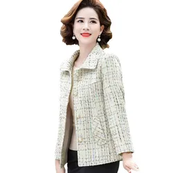 Spring Autumn Fashion Small Fragrance Tweed Jacket Women's Casual Wild Short Coat Mother Plaid Blazer Suit  Elegant Outwear