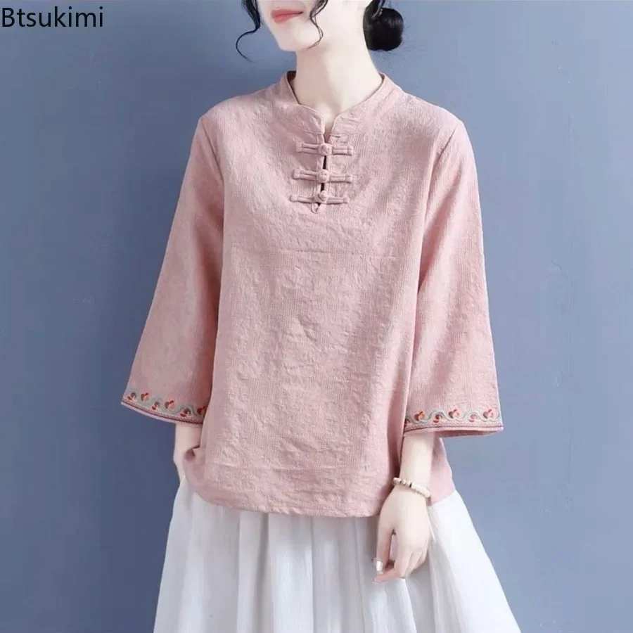 Chinese Style Jacquard Embroidery Shirt for Women Elegant Vintage Stand Collar Blouse Traditional Hanfu Casual Cotton Linen Tops