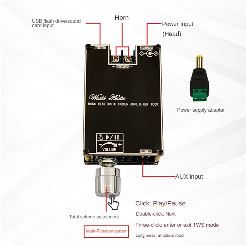 Mono 100W Bluetooth Audio Amplifier Board With TWS Box Function TPA3116D2 DC7-24V ZK-1001B-Y41A