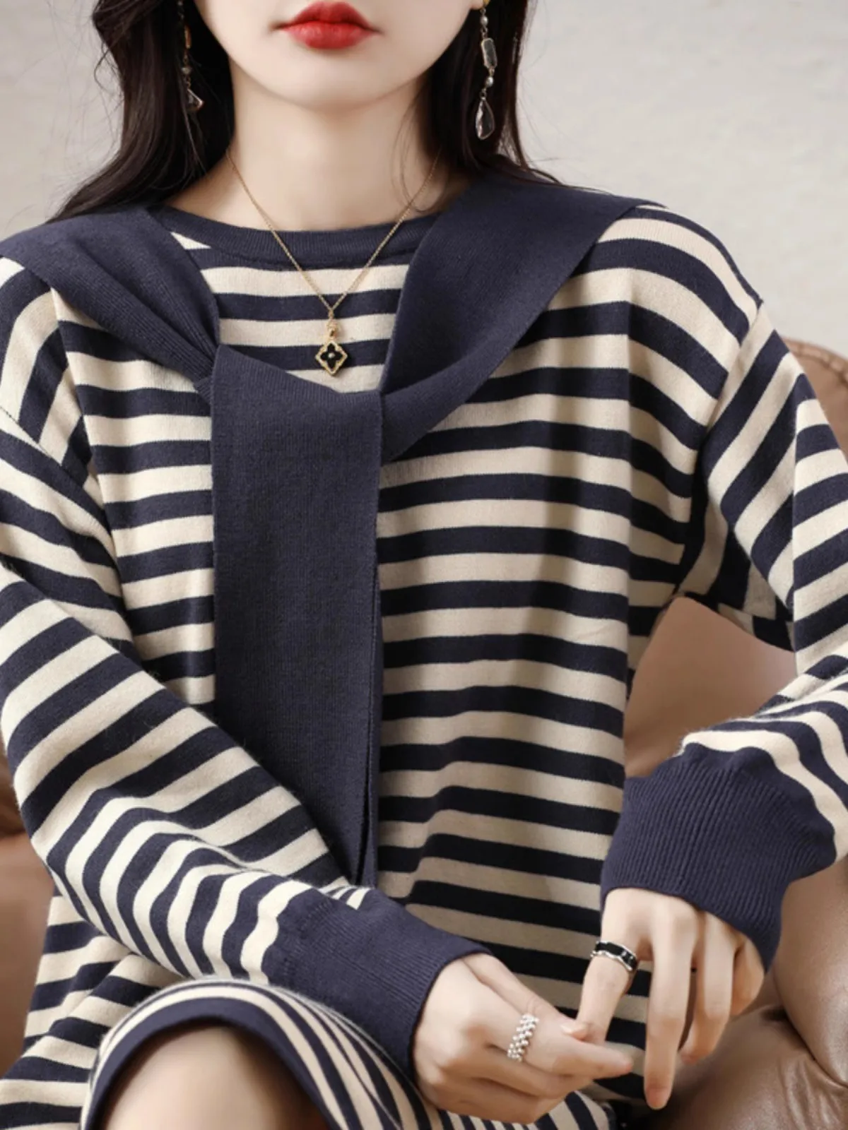 레트로 스트라이프 롱 니트 드 네비게이션 칼라 스트레이트 루즈 웜 미드-길이 스웨터 드 가을 겨울 신상