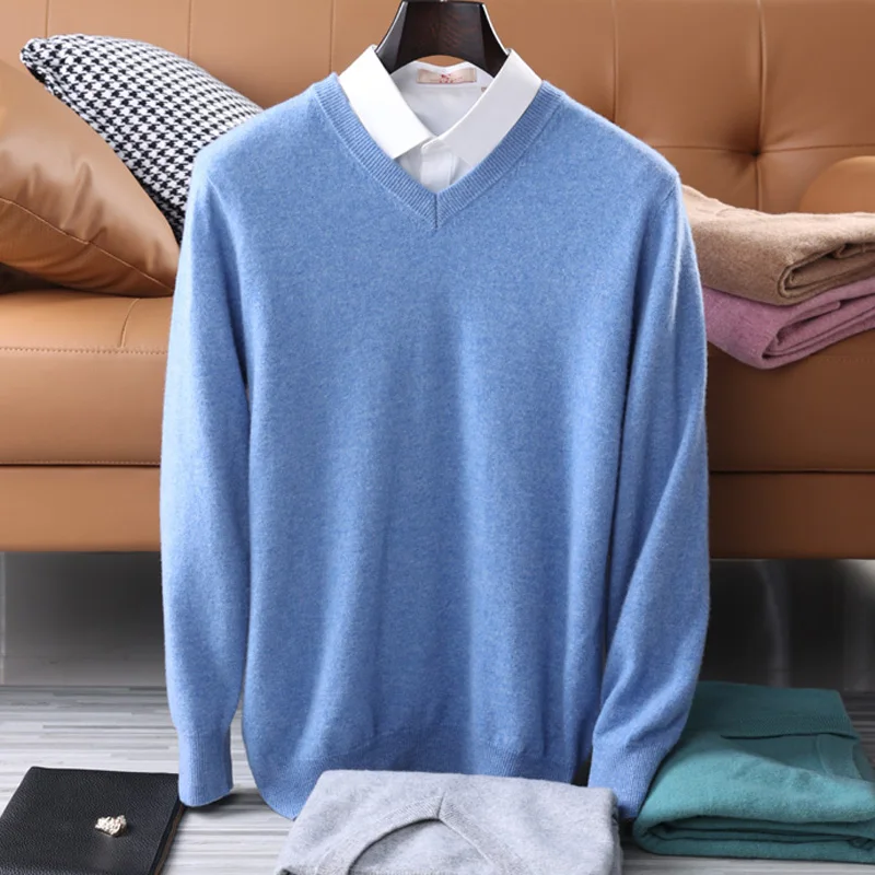 Men\'s 100% Pure Wool Sweater V-Neck Loose Pullover Fall Winter New Large Size Knitted Bottom Shirt Korean Business Casual Top