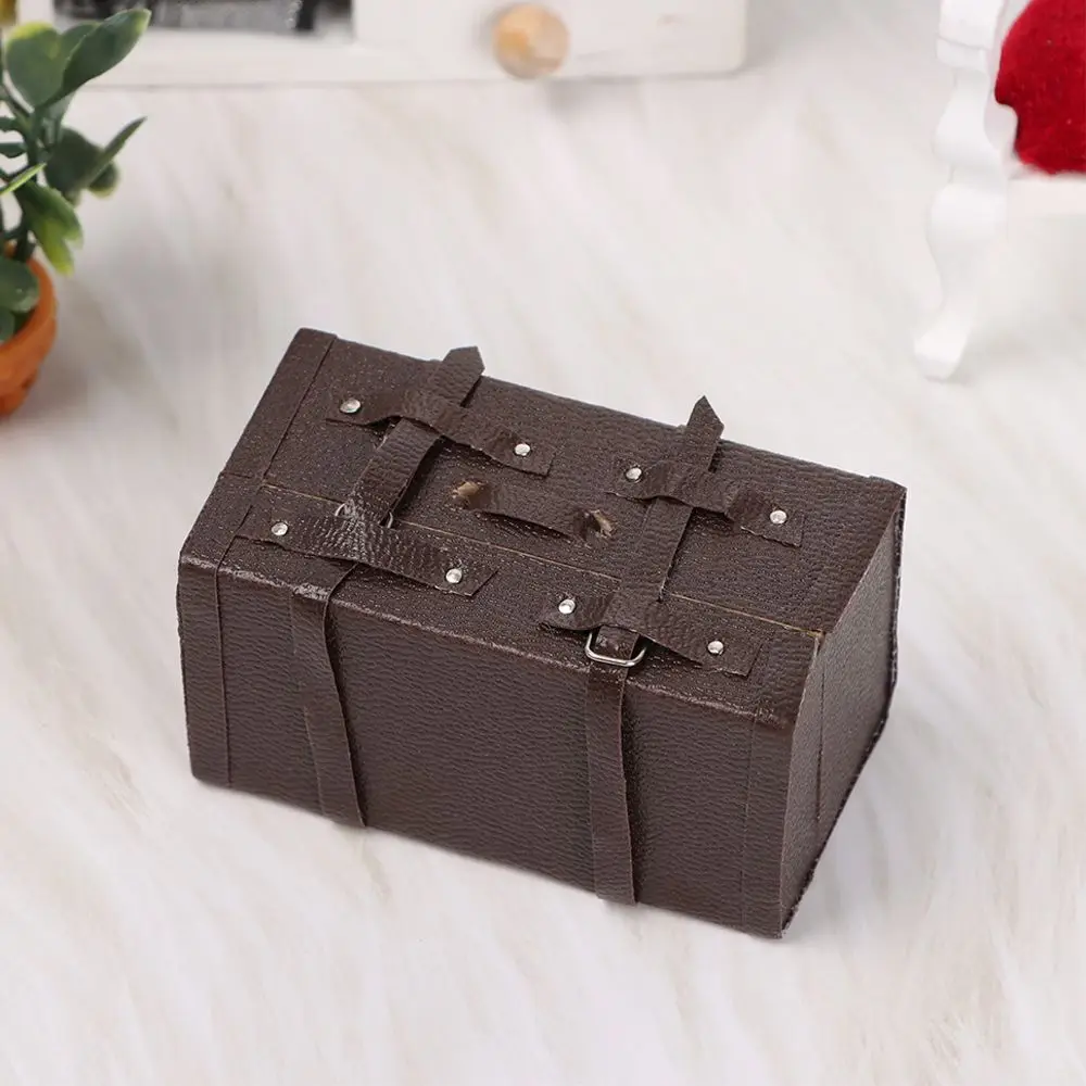 Doll Leather Luggage for 1:12 Scale Miniature Portable Trunk Mini Suitcase Vintage Wood Box Dolls Accessories Dollhouse Gift Toy